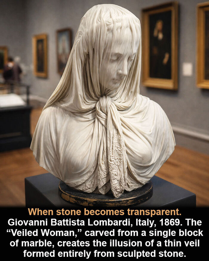 Marble sculpture of the Veiled Woman by Giovanni Battista Lombardi, a historical marvel showcasing stone carved like a thin veil.