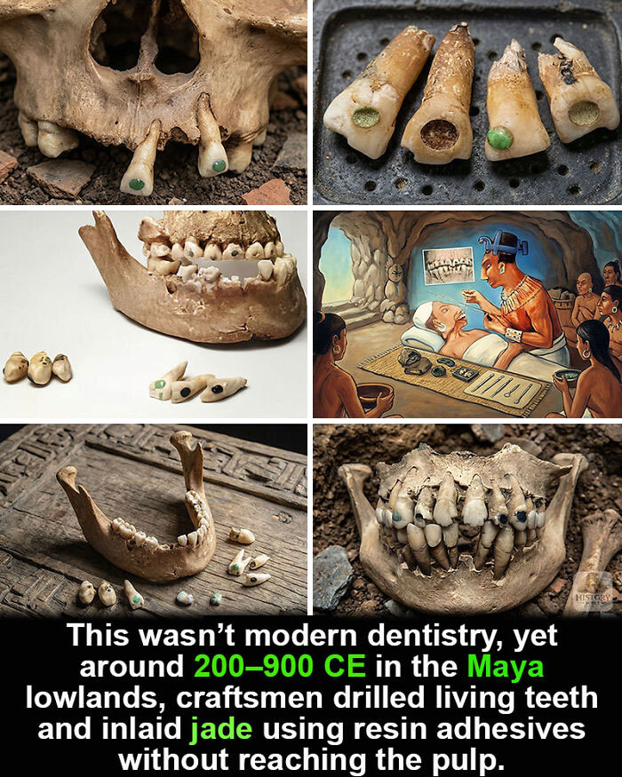 Ancient Maya dental craftsmanship showing historical marvels of jade inlaid living teeth drilled between 200–900 CE.