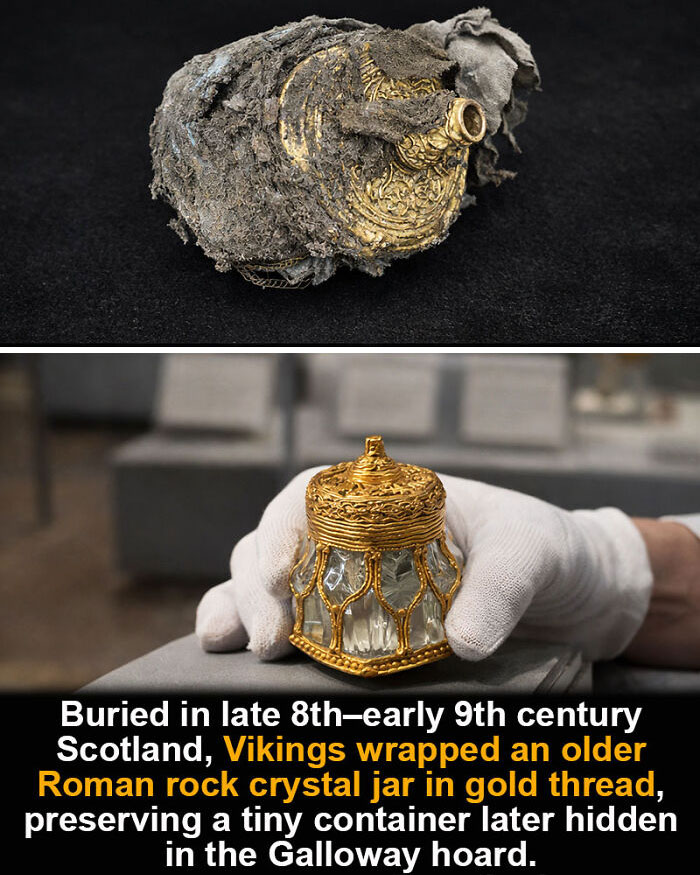 Viking-wrapped Roman rock crystal jar in gold thread, a historical marvel preserved from the 8th to 9th century Scotland.