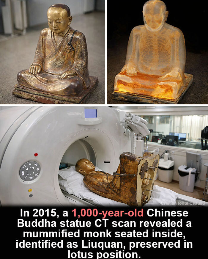 CT scan revealing a 1,000-year-old mummified monk inside a historical marvel Chinese Buddha statue preserved in lotus position.