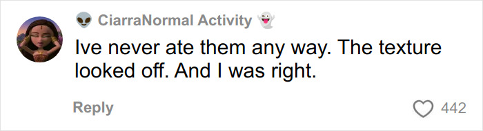 Um comentário de usuário da Atividade CiarraNormal sobre ovos de bufê: Nunca os comi. A textura parecia errada. E eu estava certo.