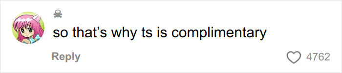 Um comentário de usuário em um fórum, com um avatar de anime, afirmando "é por isso que ts é gratuito." Relaciona-se com ovos de bufê.