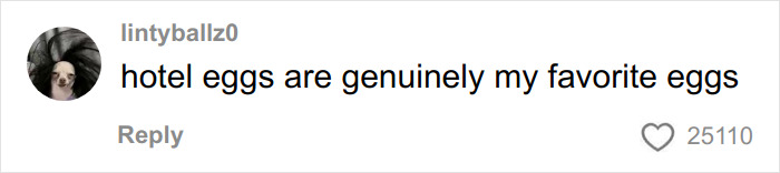 Um comentário de um usuário diz que ovos de hotel são realmente meus ovos favoritos, com uma foto de perfil de chihuahua. Discute café da manhã grátis e ovos de hotel.