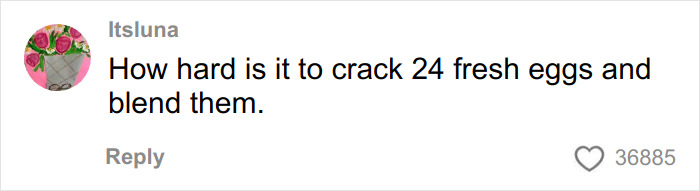 Comentário de ItsLuna perguntando como é difícil quebrar 24 ovos frescos e misturá-los, referindo-se aos ovos de bufê.