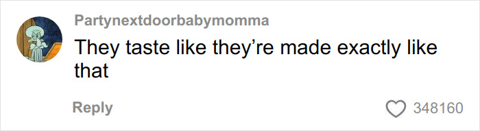 Um comentário nas redes sociais de "Festa ao lado, mamãe" com o avatar do Lula Molusco, dizendo "Eles têm gosto de serem feitos exatamente assim," relativo a ovos de buffet.