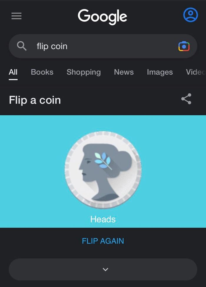 Google search result showing the coin flip Easter egg with heads outcome on a blue background in dark mode.