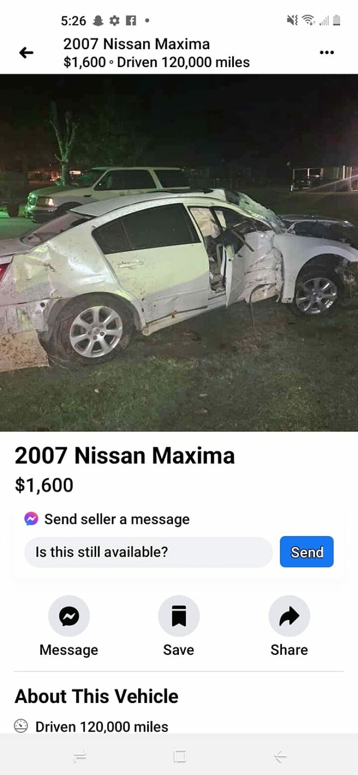 A Facebook Marketplace listing for a heavily damaged white 2007 Nissan Maxima priced at $1,600. Shamed for selling trash.