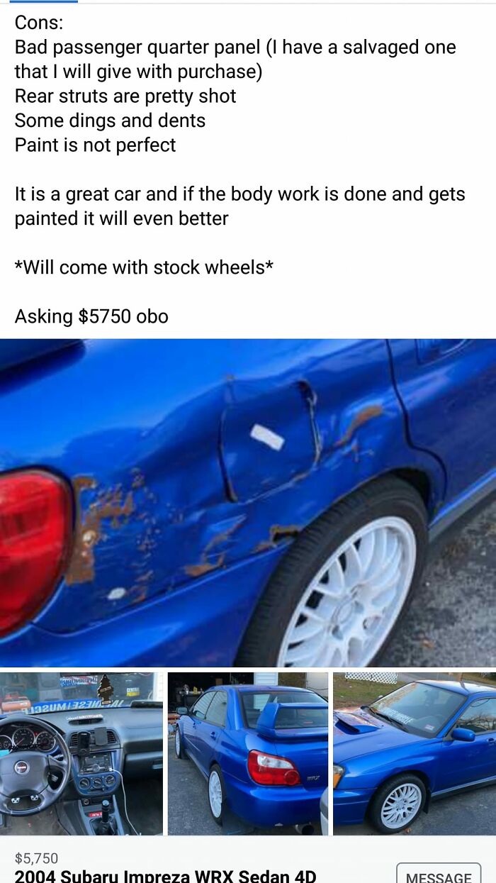 A blue Subaru with body damage, rust, and imperfections for sale. Potential buyers might earn quick money by fixing it.