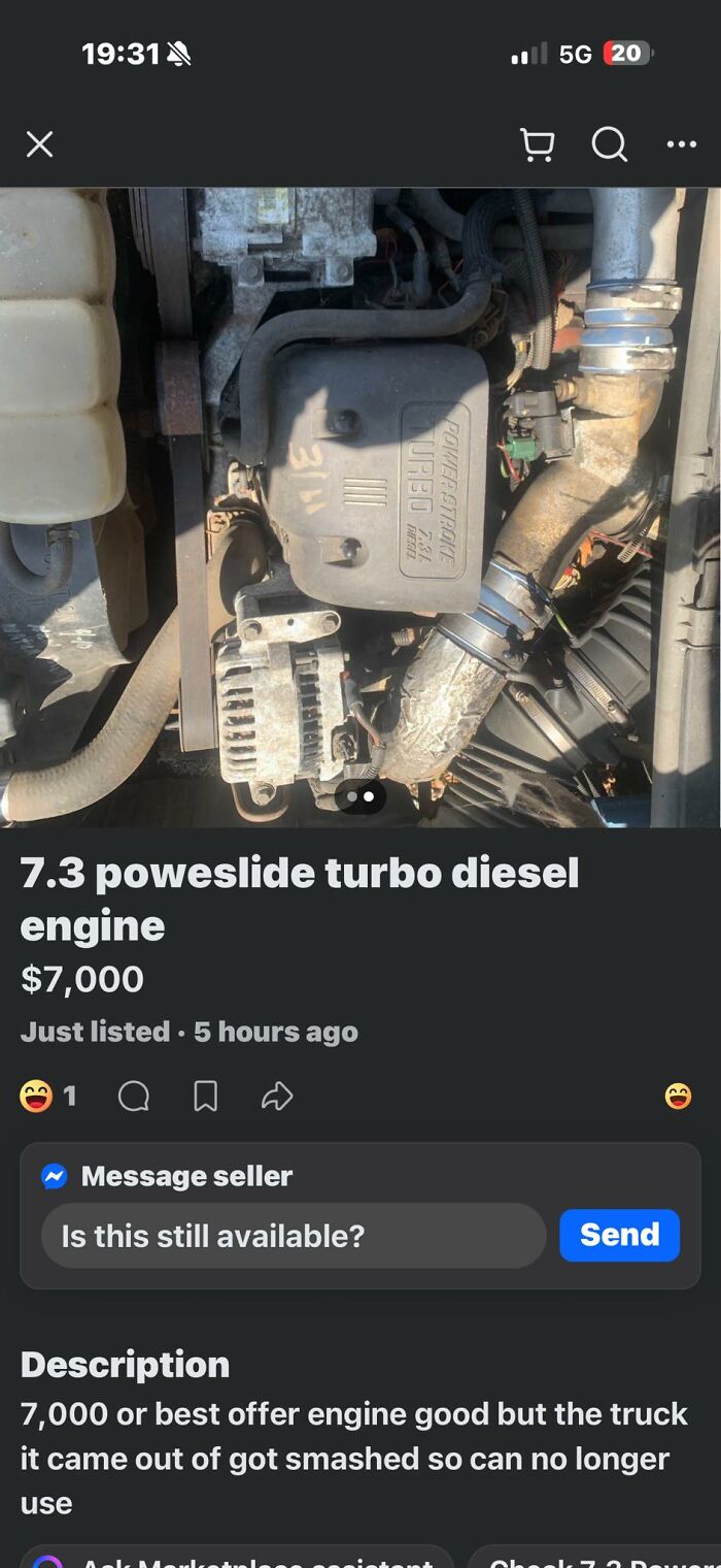 A dirty 7.3 Power Stroke diesel engine advertised for $7,000, avoiding quick money schemes by selling car parts.