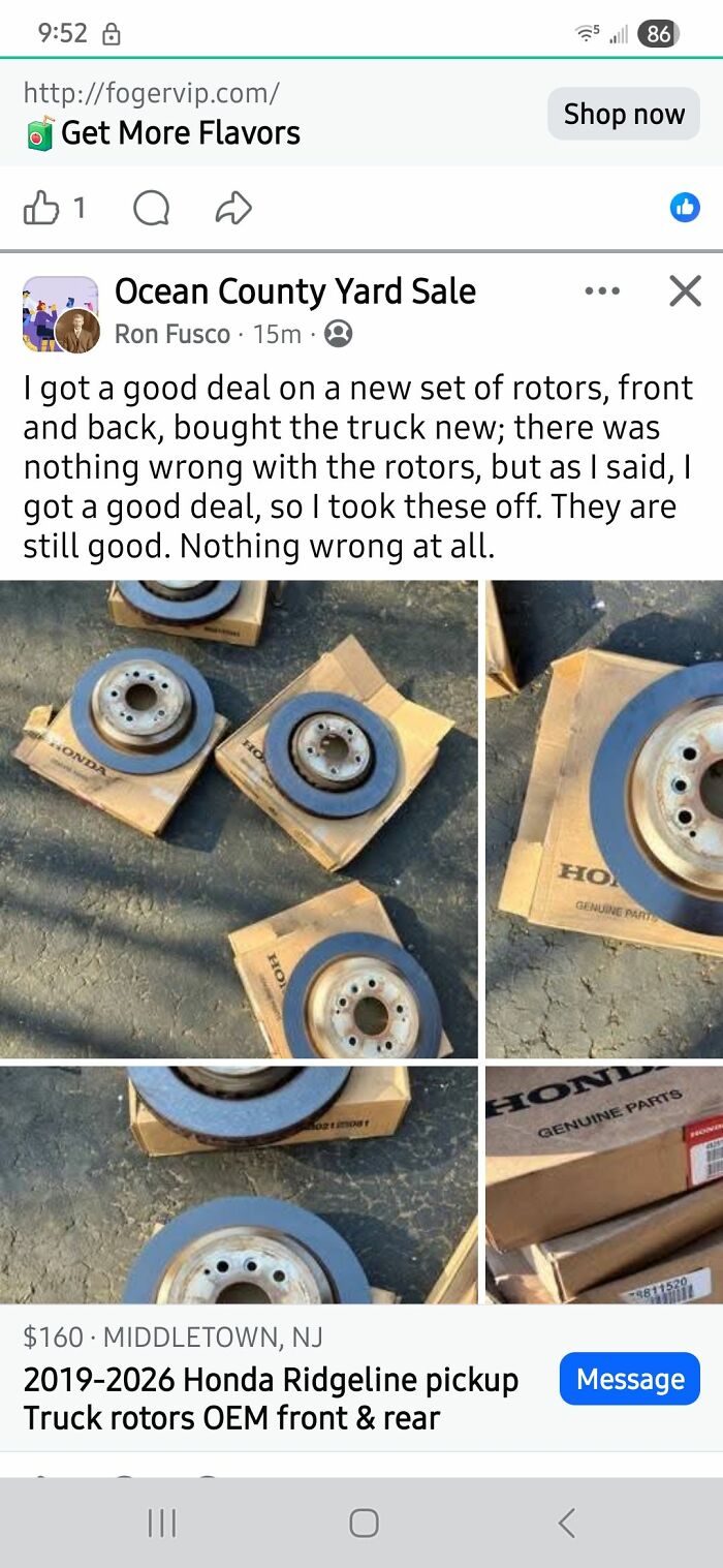 An online marketplace post selling 2019-2026 Honda Ridgeline pickup truck rotors, still good despite the owner's shame of selling trash.