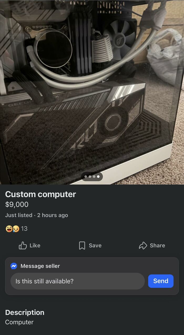 A custom computer listed for $9,000, with a Facebook Marketplace interface visible, highlighting how people try to earn quick money.