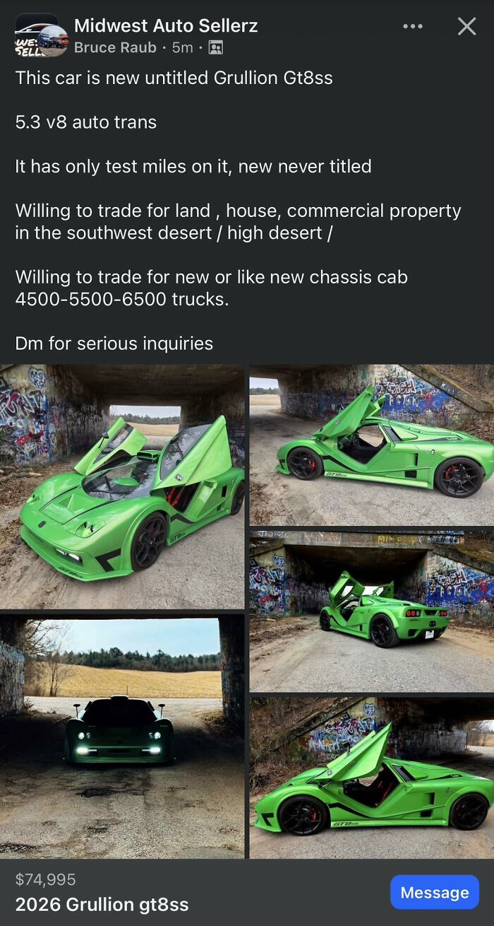 Images of a vibrant green 2026 Grullion GT8SS sports car are shown, with butterfly doors open. It's a quick money item.