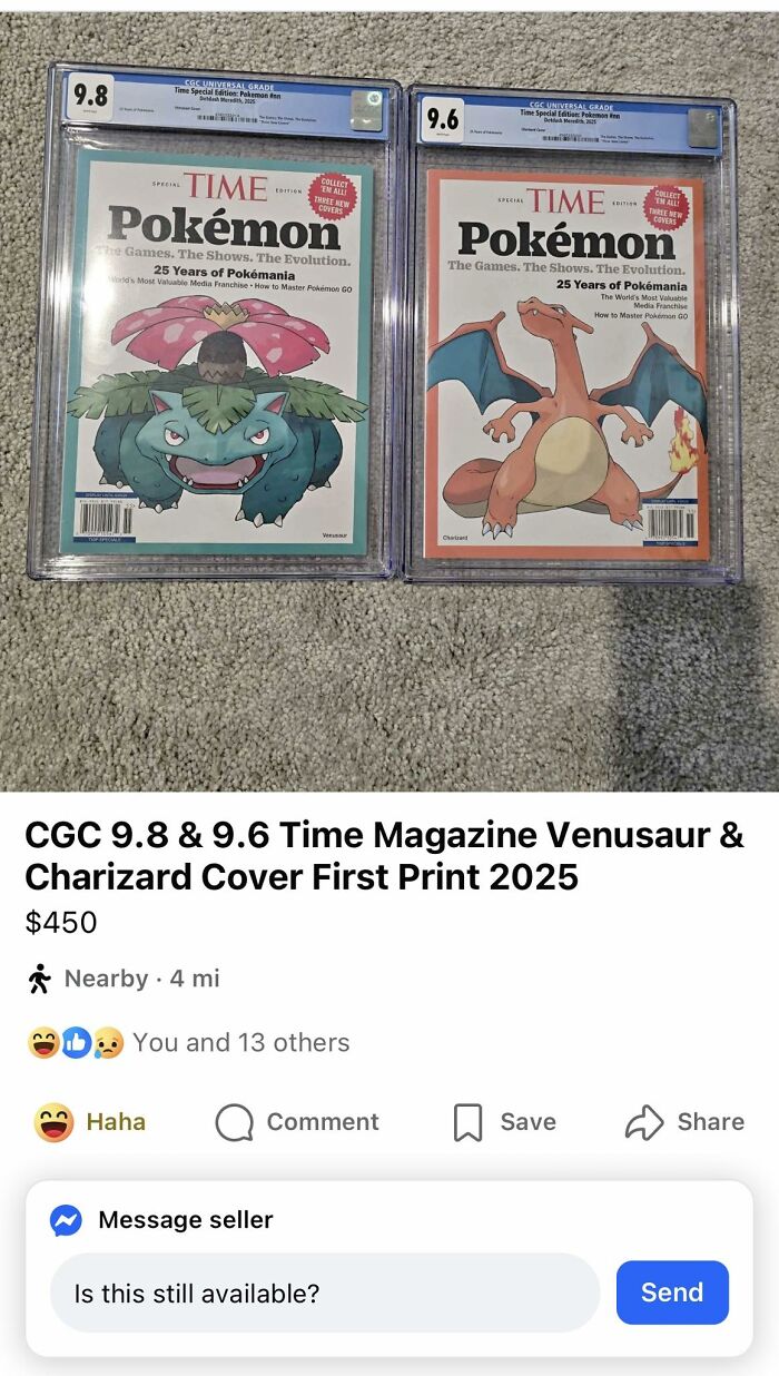 Two graded Pokémon Time Magazine covers (Venusaur 9.8 and Charizard 9.6) for sale, highlighting potential quick money.