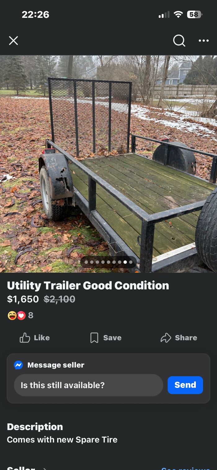A Facebook Marketplace listing for a utility trailer described as "Good Condition" but with visible rust, appearing like selling trash.