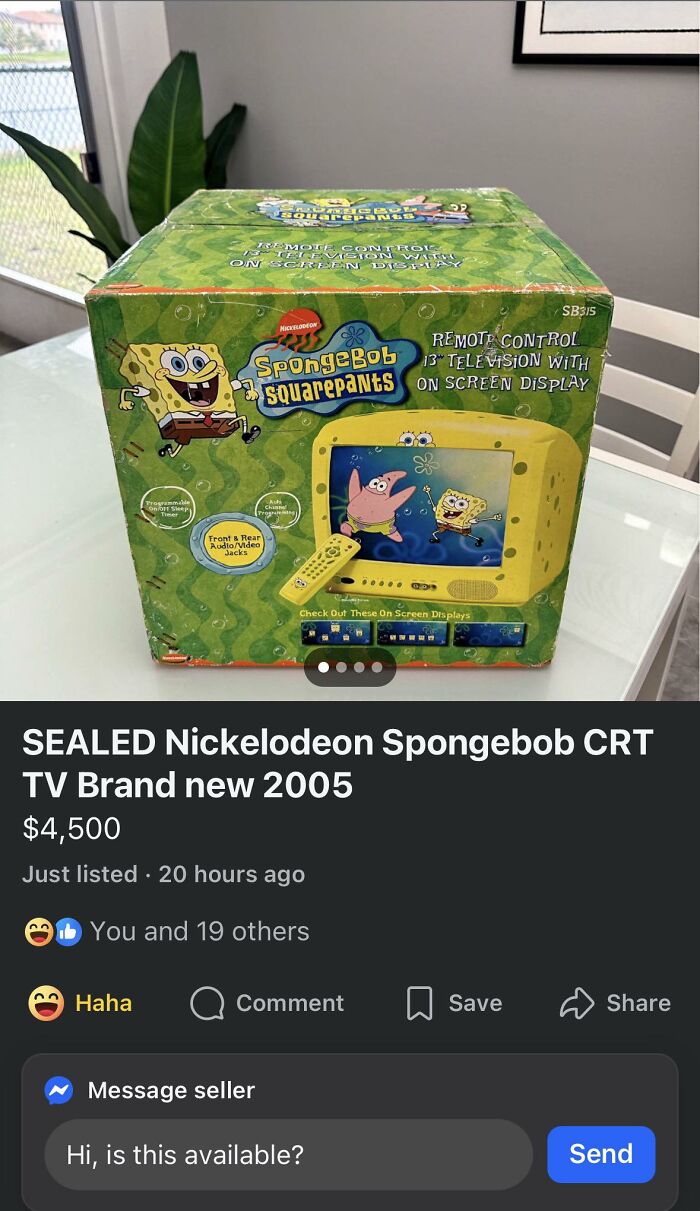 A sealed Spongebob Squarepants CRT TV from 2005 priced at $4,500 on Facebook Marketplace, an example of people selling trash.