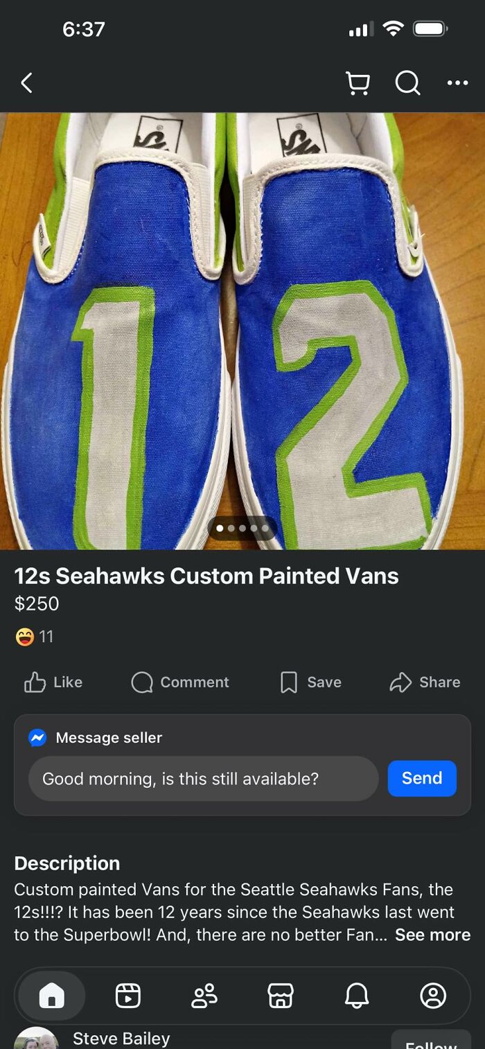 A pair of custom-painted Vans shoes, blue with green and white numbers 1 and 2, listed for sale online. Selling trash.