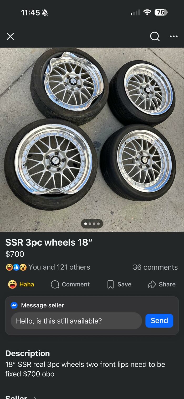 Four SSR 3pc wheels, two severely damaged, being sold as quick money for selling trash. An example of bad used car parts.