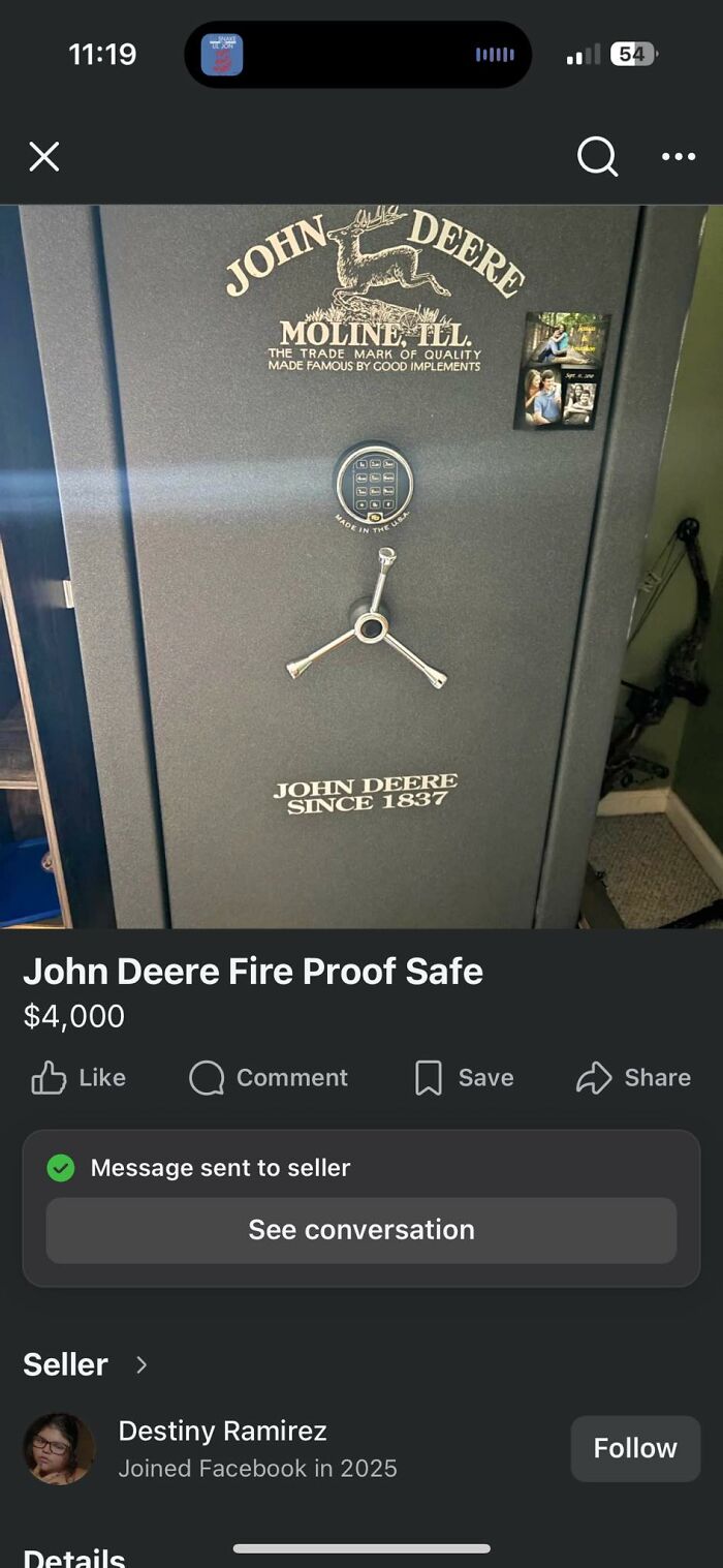 A John Deere fireproof safe for sale for $4,000, illustrating how people selling trash often end up shamed.