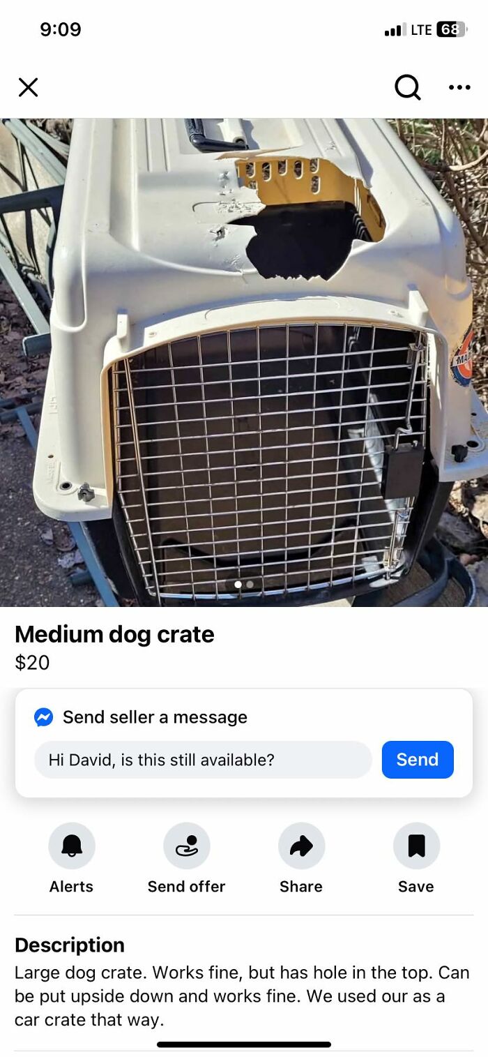 A damaged dog crate with a large hole in the top, listed for $20. An example of selling trash for quick money.
