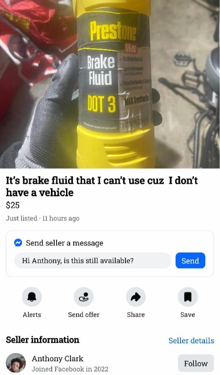 A Facebook Marketplace listing shows a yellow bottle of Prestone DOT 3 Brake Fluid, for quick money.