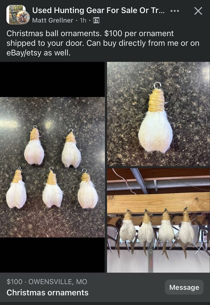 Images of Christmas ornaments for sale, resembling deer tails, possibly selling trash. They are displayed on a dark surface and hanging from a wooden beam.