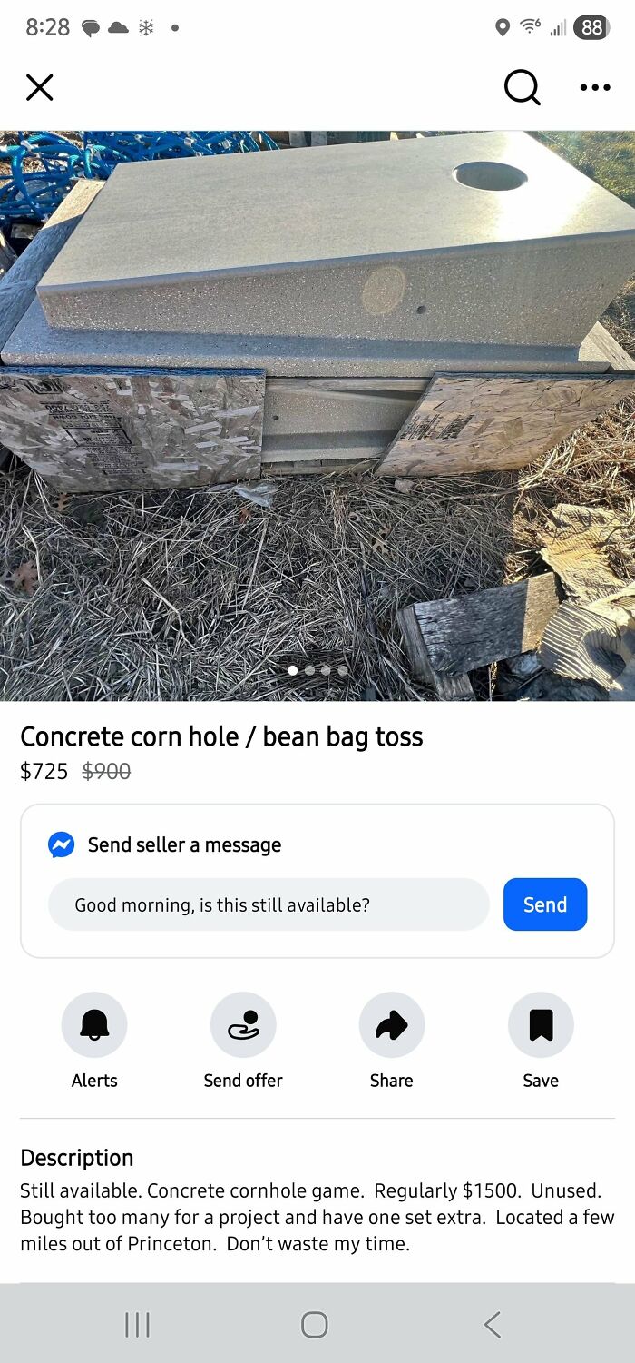 A used concrete cornhole board for sale online, potentially leading to being shamed for selling trash.