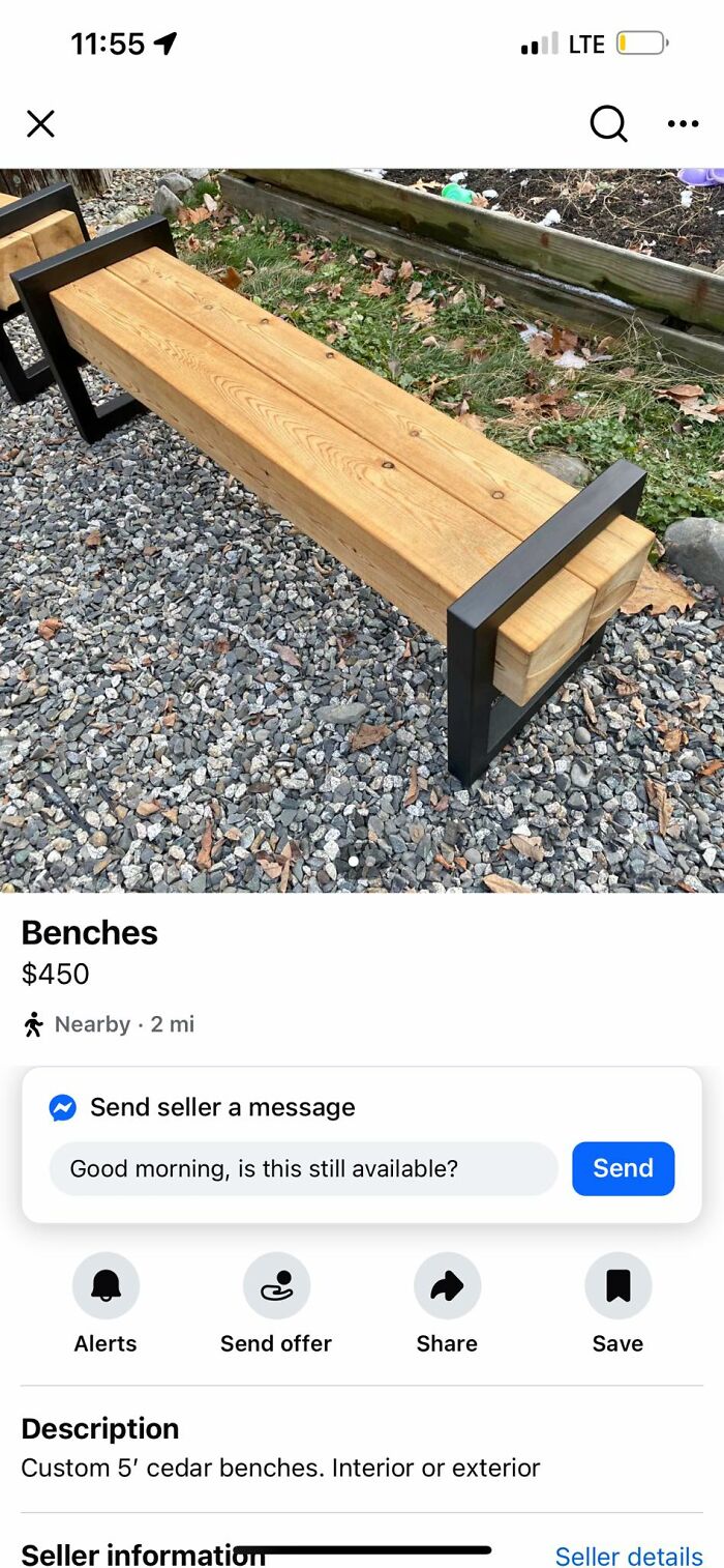 A Facebook Marketplace listing for custom 5' cedar benches, priced at $450, offering quick money for quality items.