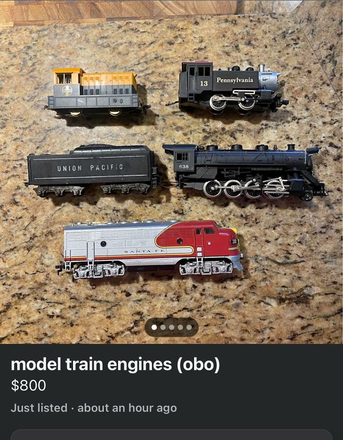 A collection of model train engines for sale, showcasing vintage pieces that some might consider quick money or trash.