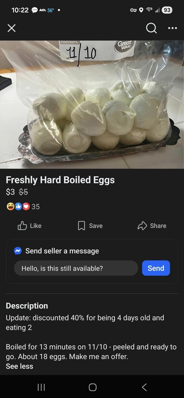 A Facebook Marketplace listing for 18 peeled, hard-boiled eggs, showing someone trying to earn quick money, but perhaps selling trash.