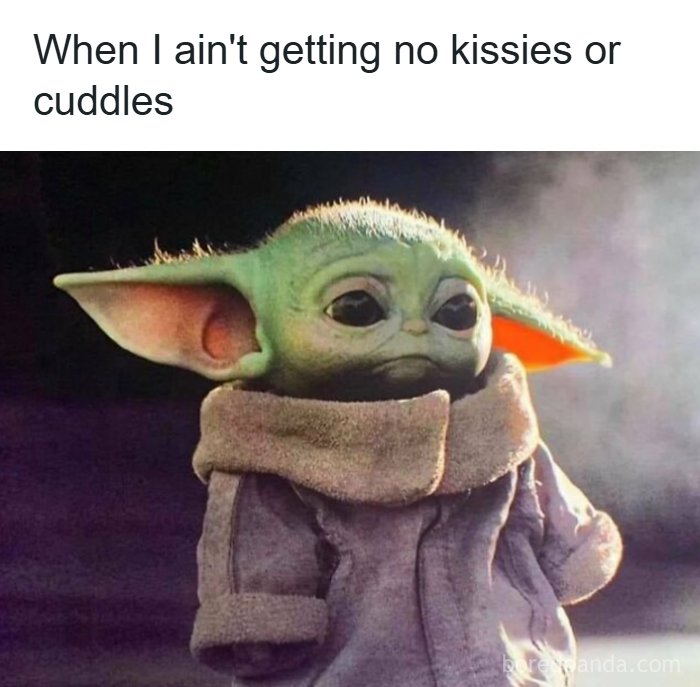 Sad Baby Yoda wearing a coat, expressing loneliness, illustrating romantic relationships through a hilarious meme.