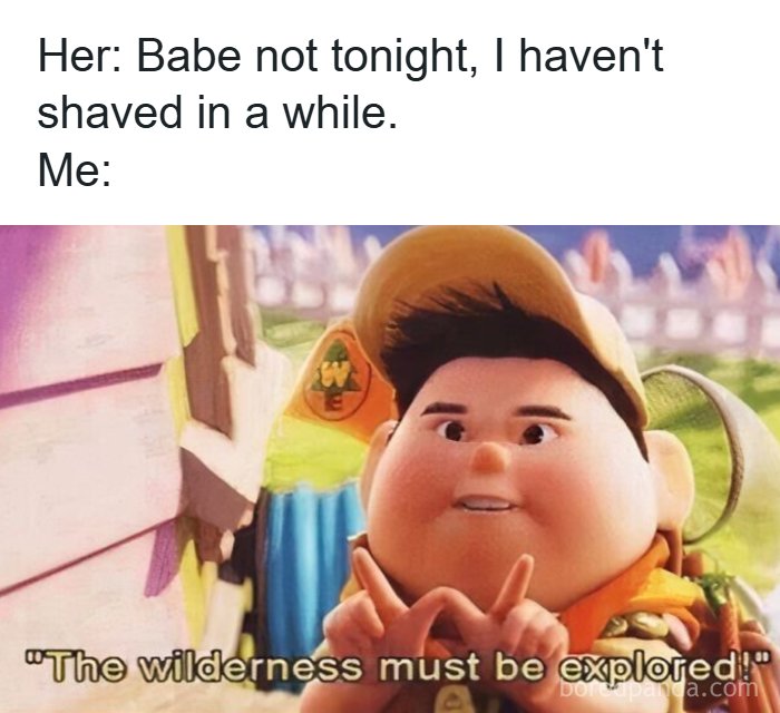 Animated character from Up making a humorous gesture, capturing hilarious romantic relationship meme about shaving and exploration.