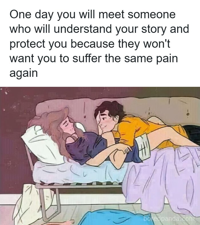 Romantic relationships meme showing a caring couple in bed with a comforting message about understanding and protection.