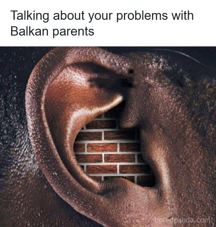 Close-up of an ear with a brick wall inside, illustrating Eastern European memes about talking to Balkan parents.