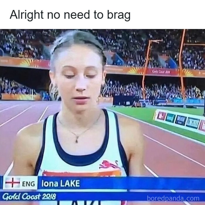 Female athlete named Iona Lake at a track event with meme text, highlighting internet memes as a reason people pay for the internet.