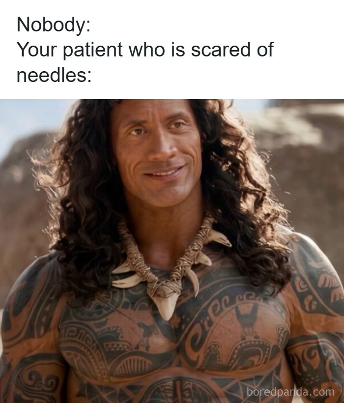 Man with long hair and tribal tattoos smiling, captioned about a patient scared of needles in funny healthcare memes.