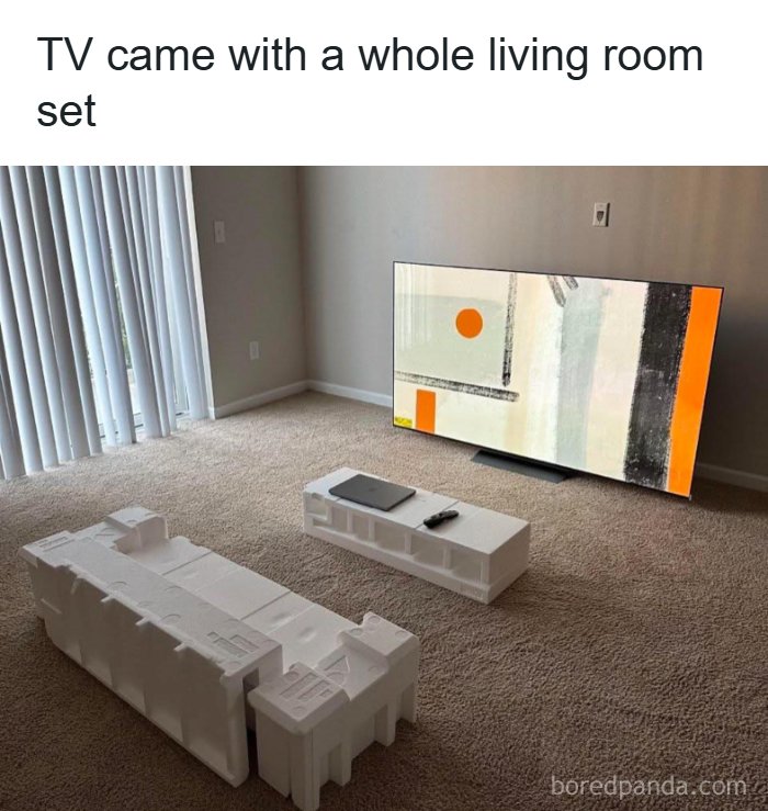 An empty living room with a TV and styrofoam packaging repurposed as furniture. Unhinged pics for a hilarious space.