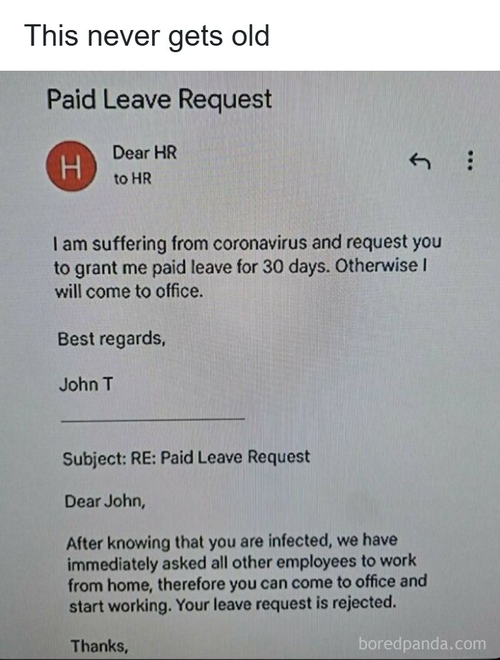 Email screenshot showing a funny paid leave request and rejection, part of funny and interesting posts to brighten your day.