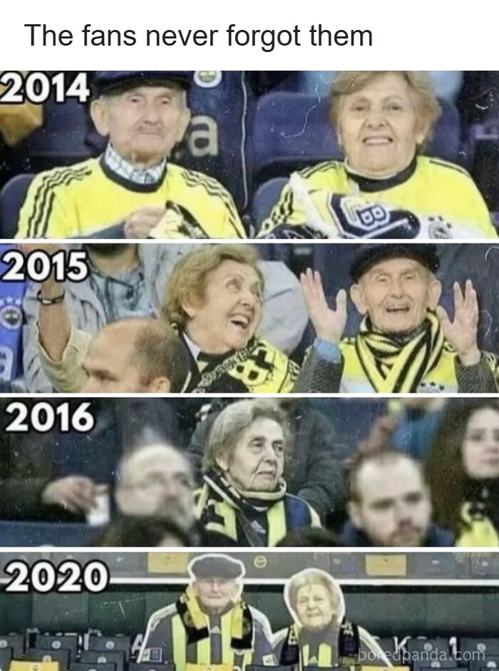 Elderly fans showing heartwarming loyalty at games from 2014 to 2020, spreading positivity and devotion over the years.