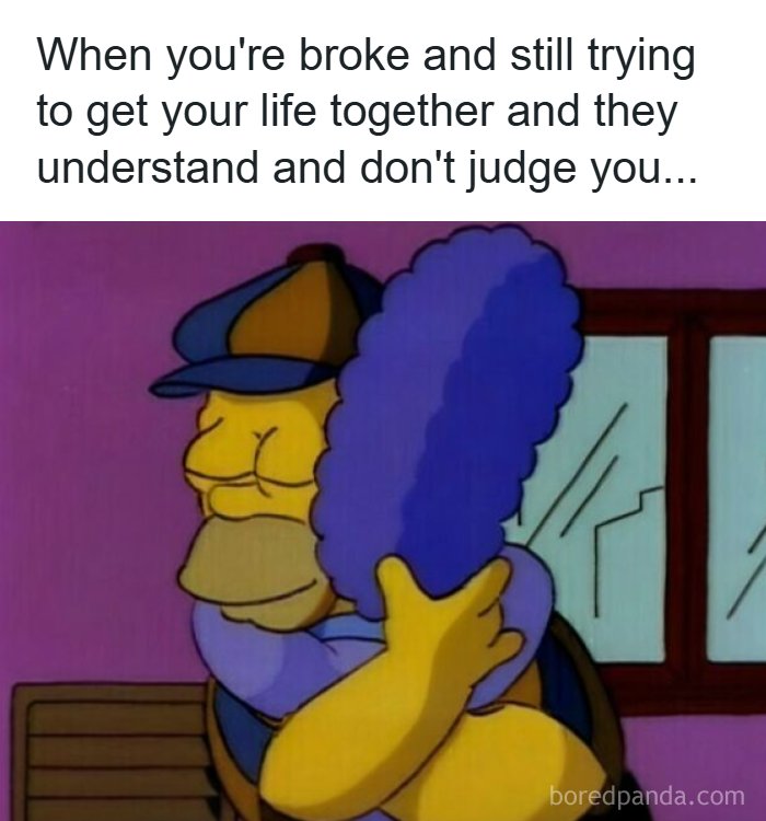 Homer and Marge Simpson hugging, illustrating a relatable romantic relationship meme about support and understanding.
