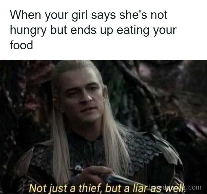 Man with long blond hair in fantasy armor pointing, meme about romantic relationships and food stealing.