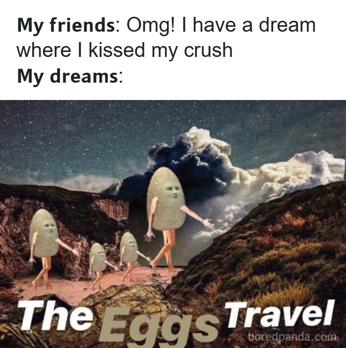 Surreal confusing image of walking egg-shaped figures in a dreamy landscape illustrating unhinged meme humor.
