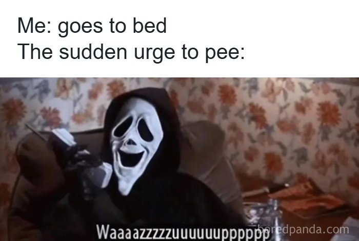 Meme showing a character in a ghost mask humorously illustrating the sudden urge to pee before bed, highlighting internet memes.