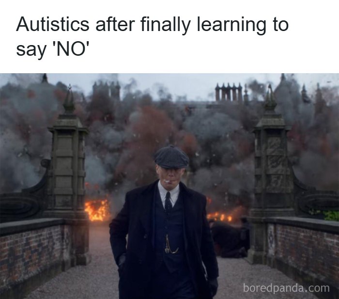 A man in a trench coat and flat cap walks away from an explosion. A relatable meme for anyone whose brain almost never follows the script.