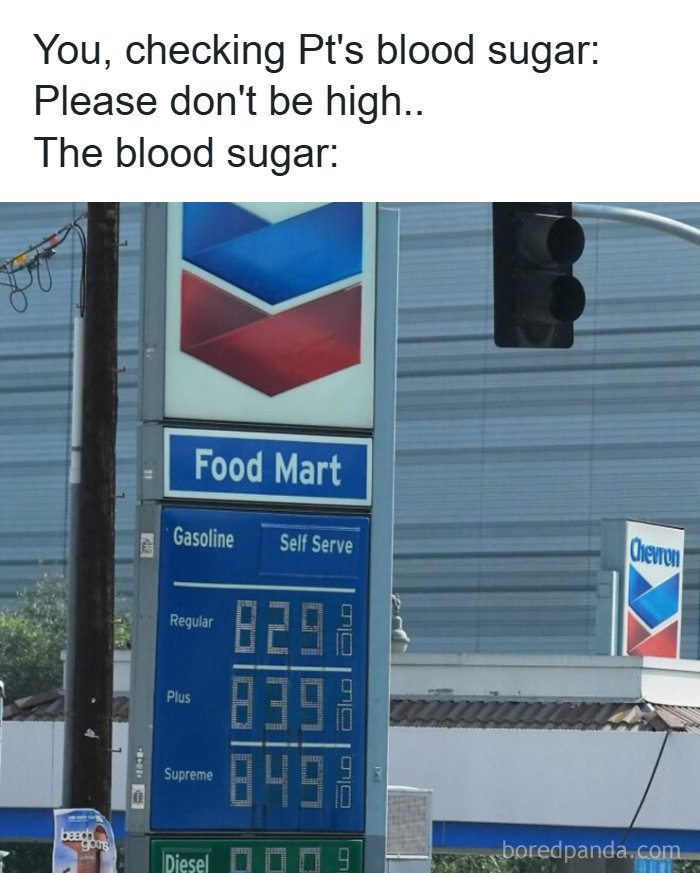 Gas station price sign showing high gas prices as a funny healthcare meme about checking blood sugar levels.