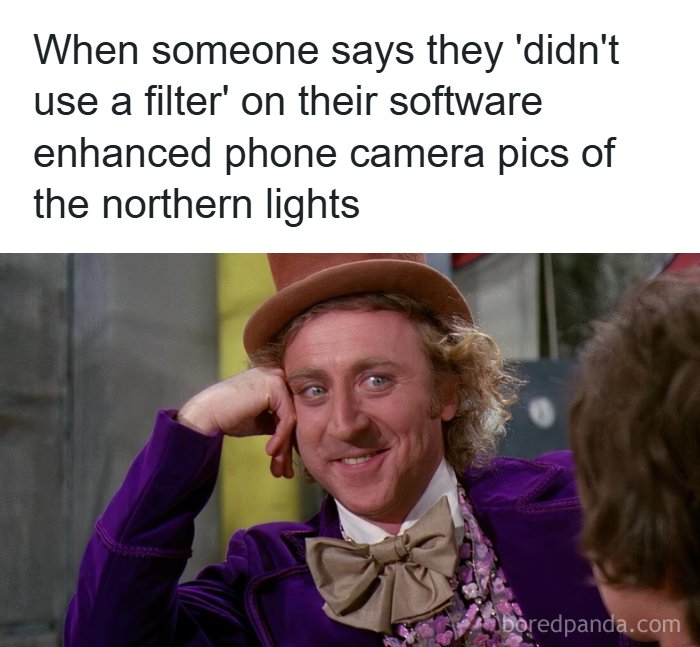 W***y Wonka meme with a sarcastic smile, perfect for hilarious memes about living in Alaska and enhanced northern lights photos.