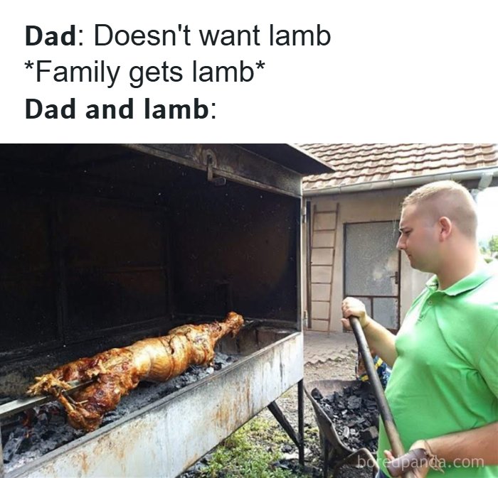 Man in green shirt grilling whole lamb outdoors, a relatable Eastern European meme about family and lamb preferences.