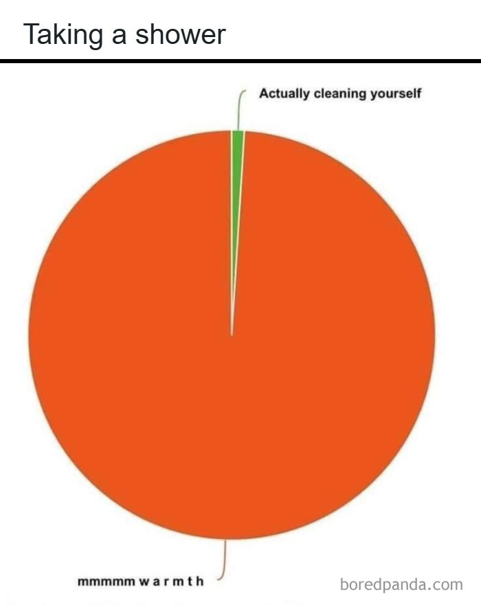 A pie chart illustrating shower time, with a tiny green sliver for 'cleaning yourself' and the rest orange for 'warmth.' Relatable memes for shower lovers.