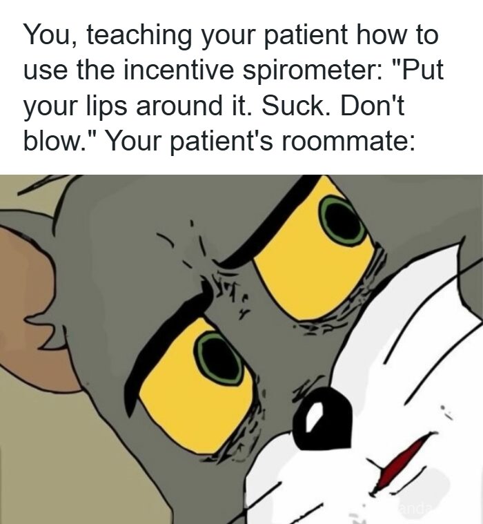 Close-up of Tom from Tom and Jerry with a suspicious look, illustrating a funny healthcare meme about using a spirometer.