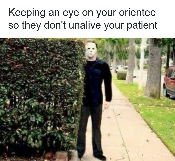Healthcare meme showing a masked person hiding behind a bush with text about watching an orientee carefully.
