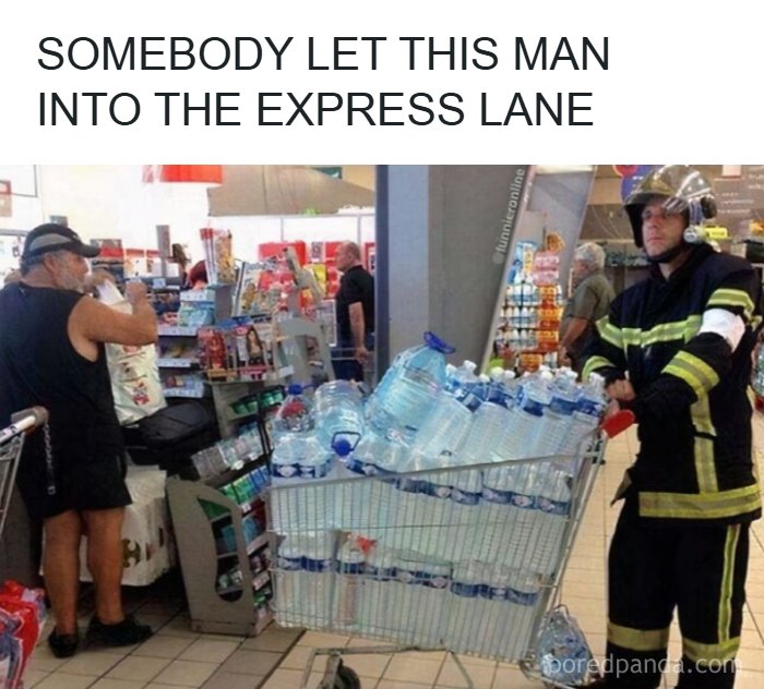 A firefighter with a massive cart of water bottles, embodying British memes humor at the checkout lane.